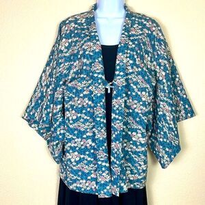 Authentic Kimono Japanese handmade cotton silk blue floral size small/medium